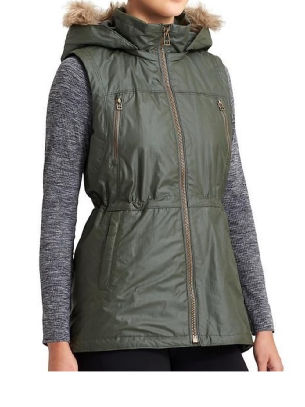 Athleta Green Alpine Air Vest with Removable Fur Hood